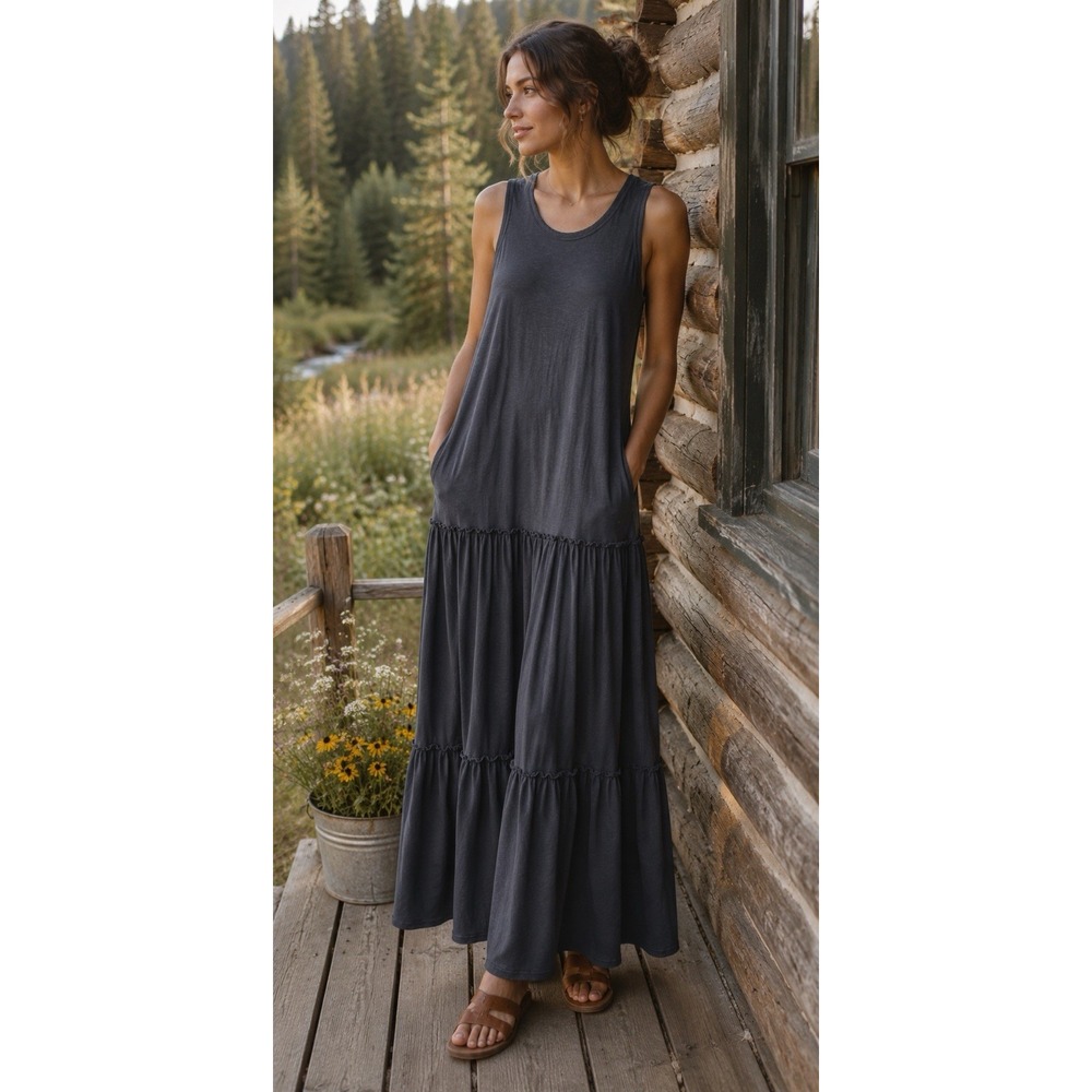 Aerie Tiered Maxi Dress Charcoal Grey Swing Boho Beachy Relaxed Small